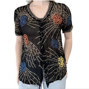 NEWPORT NEWS Black Sheer Floral Beach Blouse Size M